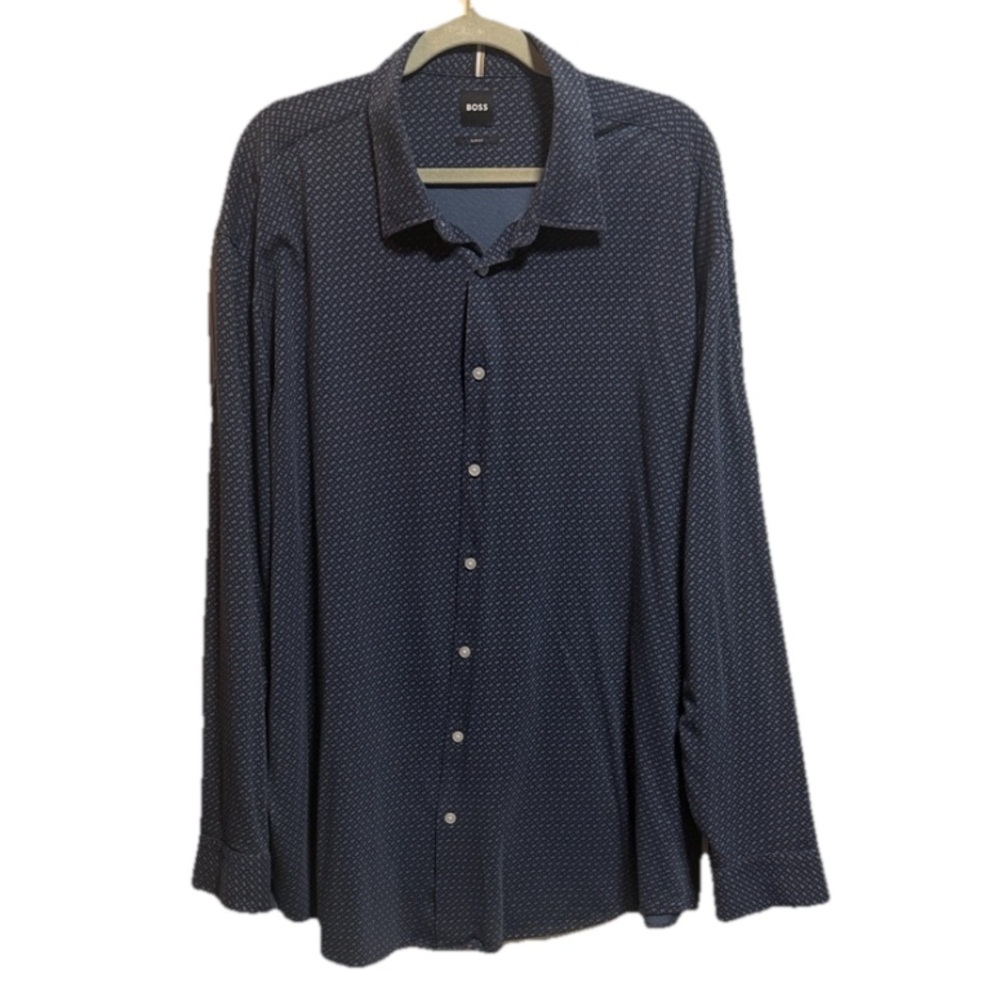 Boss Men's Navy Geometric‎ Button Down Shirt 3XL Slim Fit Preppy Lux Academia